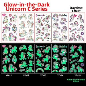 Luminous unicorn temporary tattoos for kids showing day versus night glowing effect