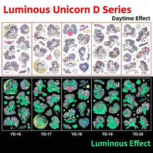 Luminous unicorn temporary tattoos showing day and night glow effects for children