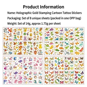 Laser gold cartoon temporary tattoos for kids with dinosaur and unicorn patterns