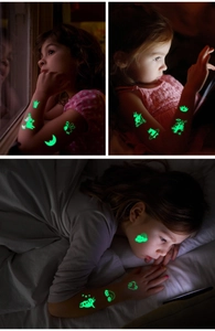 Glow-in-the-dark unicorn tattoos for kids showing bright green fluorescent effects in the dark