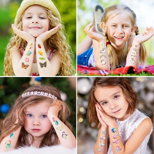 Holographic cartoon temporary tattoos for kids with unicorn, mermaid, and butterfly themes