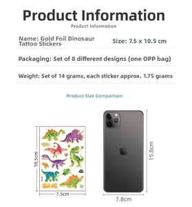 Size comparison of laser gold dinosaur tattoo stickers next to a smartphone