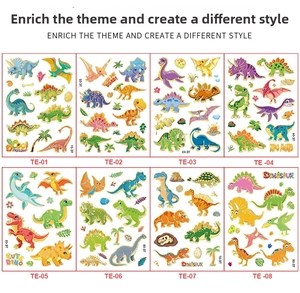 Detailed grid view of eight colorful cartoon dinosaur stickers with laser gold foil accents