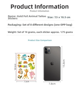 Size comparison of 8-piece laser gold animal temporary tattoo stickers set for kids