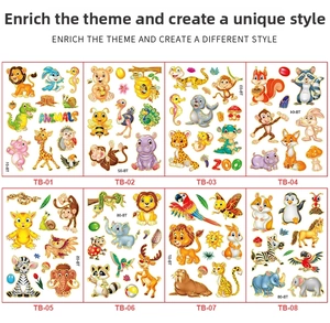 Detail view of colorful cartoon animal temporary tattoos with gold foil edges for kids