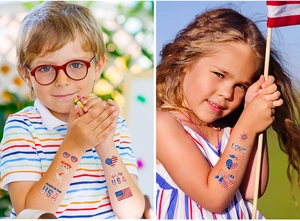 Close-up of kids wearing American Independence Day temporary tattoos with flag designs