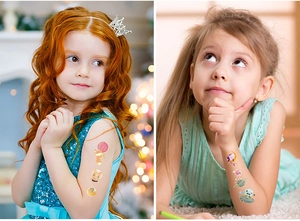 Close-up of children's space tattoos with gold foil fox and panda patterns on skin