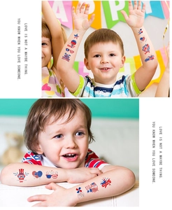 Close-up of July 4th temporary tattoos for kids with red white blue flag patterns