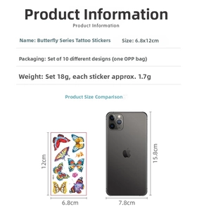 Guide de taille détaillé pour tatouages papillon, feuille 6,8x12 cm à côté d'un téléphone
