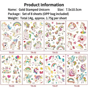 8 sheets of holographic gold unicorn temporary tattoos for kids featuring rainbows and stars