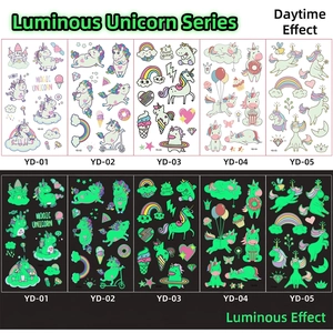 Glow-in-the-dark luminous unicorn temporary tattoos for kids in day and night views