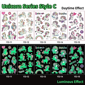 Luminous unicorn temporary tattoos for kids showing glowing effect in dark and day