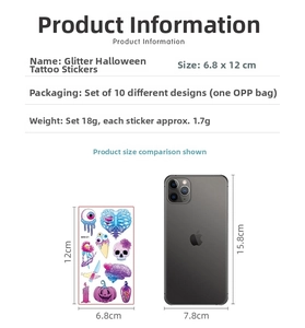 Size comparison of glitter Halloween tattoo stickers with a smartphone for scale