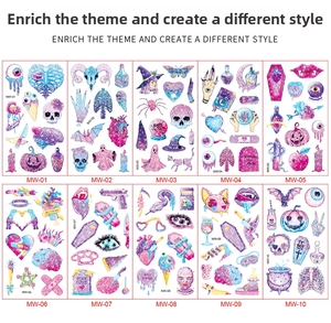 Detailed grid of glitter Halloween temporary tattoos with skulls and pumpkins
