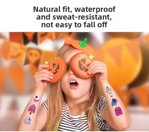 Detail of colorful waterproof Halloween temporary tattoos for kids with glitter finish
