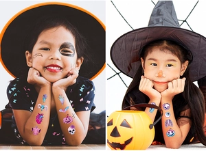 Kids wearing glitter Halloween cartoon temporary tattoos with ghosts and pumpkin designs