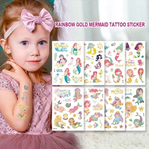 Tatouages Temporaires Sirène Dorée Laser Pour Enfants Étanche Dessin Animé Vie Marine Décoration Fête