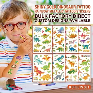 Metallic Dinosaur Temporary Tattoo Stickers Gilded Cartoon Body Art Decals Waterproof For Kids Boys Girls Birthday Party Favors