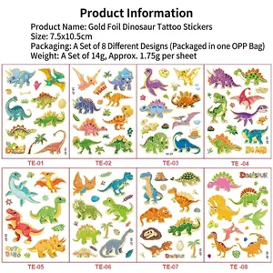 Set of 8 gold stamping dinosaur tattoo stickers for kids party favors 7.5x10.5cm