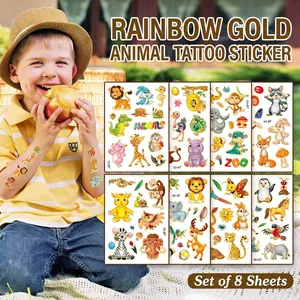 Laser Gold Stamping Cartoon Animal Temporary Tattoo Stickers For Kids Waterproof Jungle Zoo Theme Birthday Party Decorations
