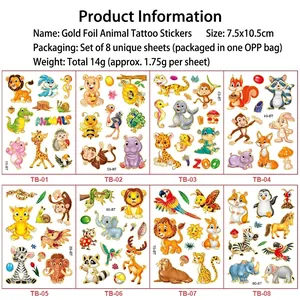 8 sheets of laser gold foil cartoon animal temporary tattoos for kids 7.5x10.5cm