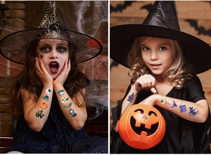 Enfants avec tatouages temporaires d'Halloween motifs citrouille et chauve-souris