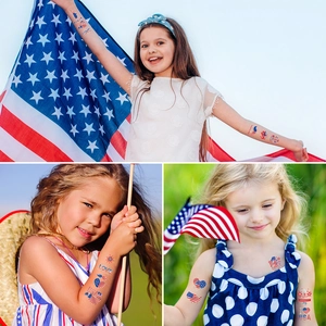 Silver foil USA Independence Day temporary tattoos featuring stars, stripes, and hearts