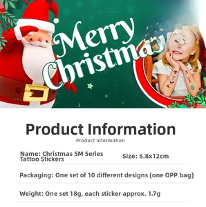 Detailed sheet showing ten pieces of kids Christmas cartoon tattoo stickers set