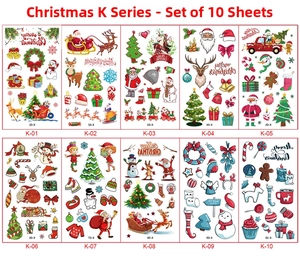 Set of 10 Christmas cartoon temporary tattoos featuring Santa Claus, reindeer, and snowmen