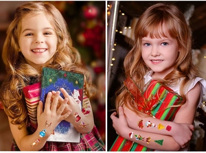Close-up of colorful Christmas temporary tattoos for kids featuring Santa and reindeer icons