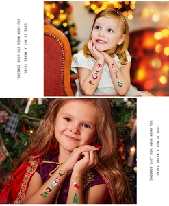 Close-up of children's Christmas temporary tattoos featuring Santa, reindeer and elves