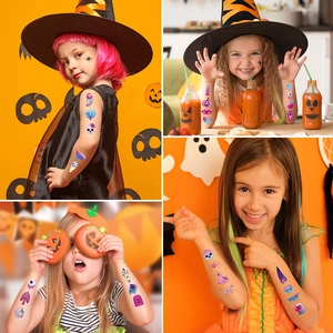 Glitter Halloween temporary tattoos for kids featuring cartoon pumpkin and ghost designs