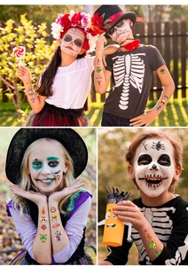 Détails de tatouages temporaires Dia de los Muertos pour enfants avec motifs crânes