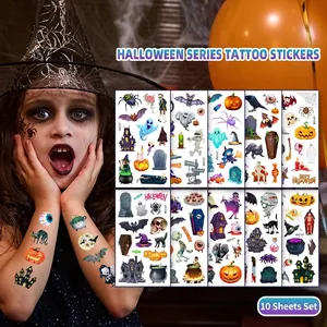 Set of 10 Halloween temporary tattoo sheets with pumpkin, ghost and bat patterns for kids