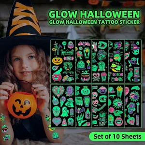 Luminous Halloween cartoon tattoo stickers for kids featuring pumpkins and ghosts