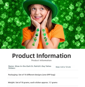Glow in the dark St. Patrick's Day tattoo stickers showing green shamrock and clover designs