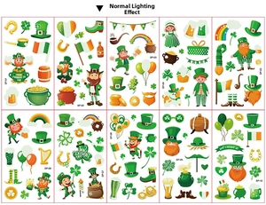 Detailed grid of ten St. Patrick's Day luminous tattoo stickers with leprechauns and shamrocks
