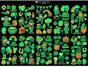 Luminous St. Patrick's Day tattoo stickers with clovers and leprechauns in glowing green