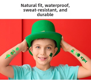 Glow-in-the-dark St. Patrick's Day temporary tattoos with clover and dwarf patterns on a boy
