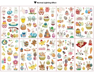 Detailed grid view of 10 luminous Easter cartoon stickers with rabbits and eggs