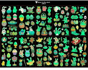 Detailed grid view showing ten luminous Easter tattoo sheets with bunnies and eggs