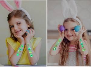 Glow-in-the-dark Easter temporary tattoos for kids with glowing rabbits and eggs