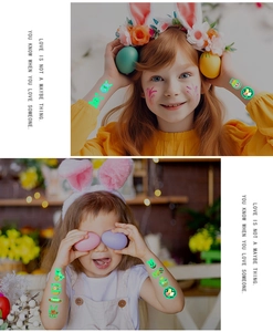 Glow in the dark Easter temporary tattoos featuring cute bunnies and colorful eggs on skin