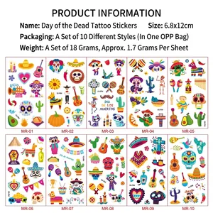 10-sheet Day of the Dead temporary tattoo set with colorful skulls and Mexican motifs