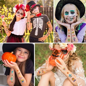 Colorful Day of the Dead temporary tattoos for kids with skull and guitar patterns