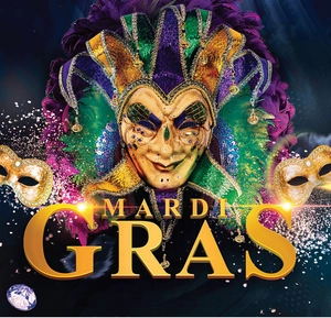Detail of ornate purple and gold Mardi Gras Jester mask with feathers and bells