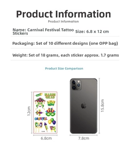 Size comparison of Carnival temporary tattoos measuring 6.8x12cm next to a smartphone