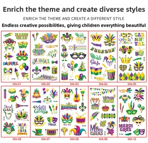 Detail view of 10 Mardi Gras temporary tattoo designs with masks and crowns