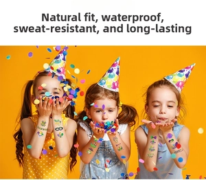 Three kids wearing waterproof festival tattoo stickers showing masquerade party designs