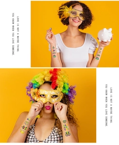 Close-up of Mardi Gras temporary tattoos featuring colorful masks and carnival designs